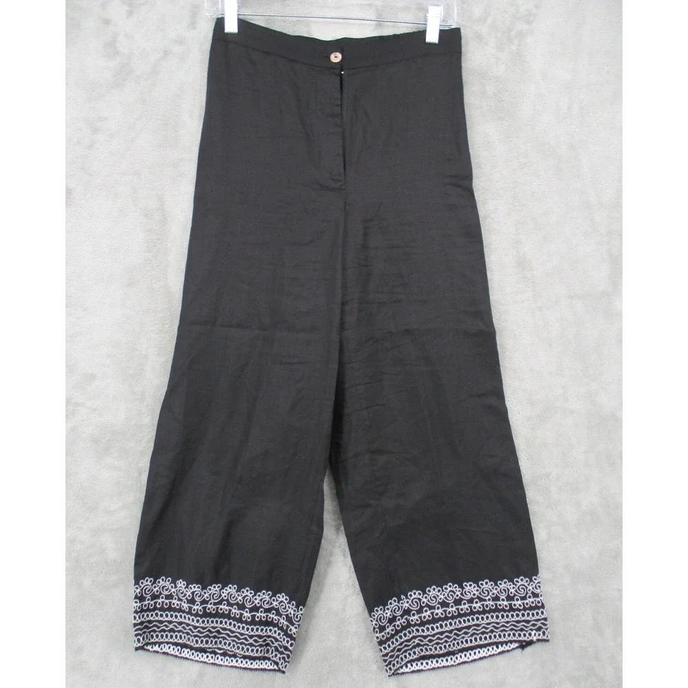 Vintage Georgiou Studio Pants Womens Size S Linen Embroidered Hem Wide Leg Black